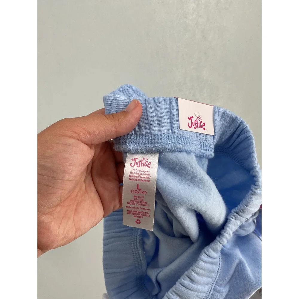 Justice Girls Sweatshorts Sail Blue Fleece Elastic Waist Logo L 12/14